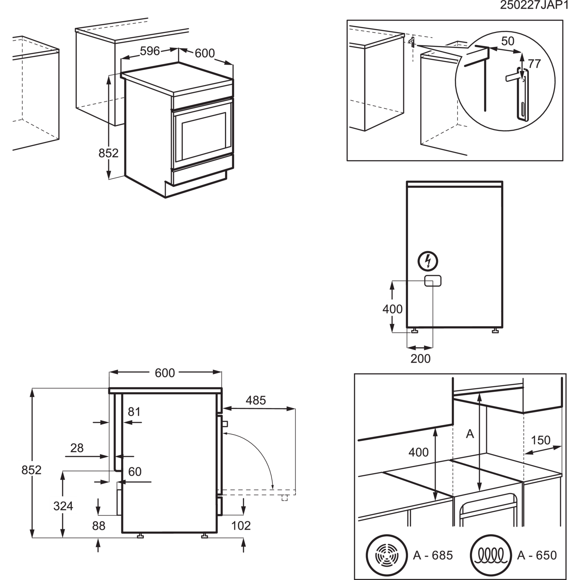 Rysunek techniczny piekarnika z wymiarami i detalami instalacji.