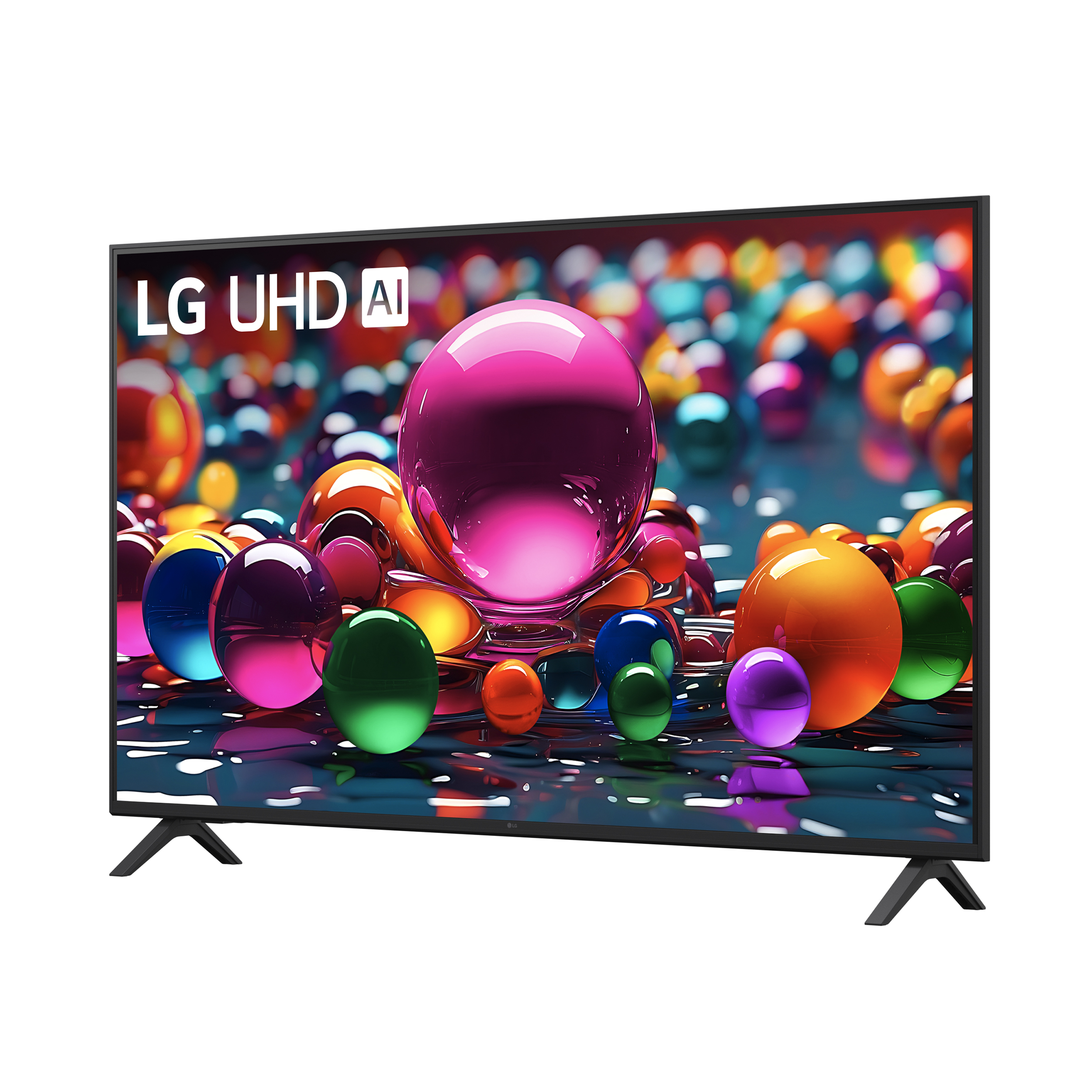 Telewizor LG UHD AI z żywym, błyszczącym tłem kuli.