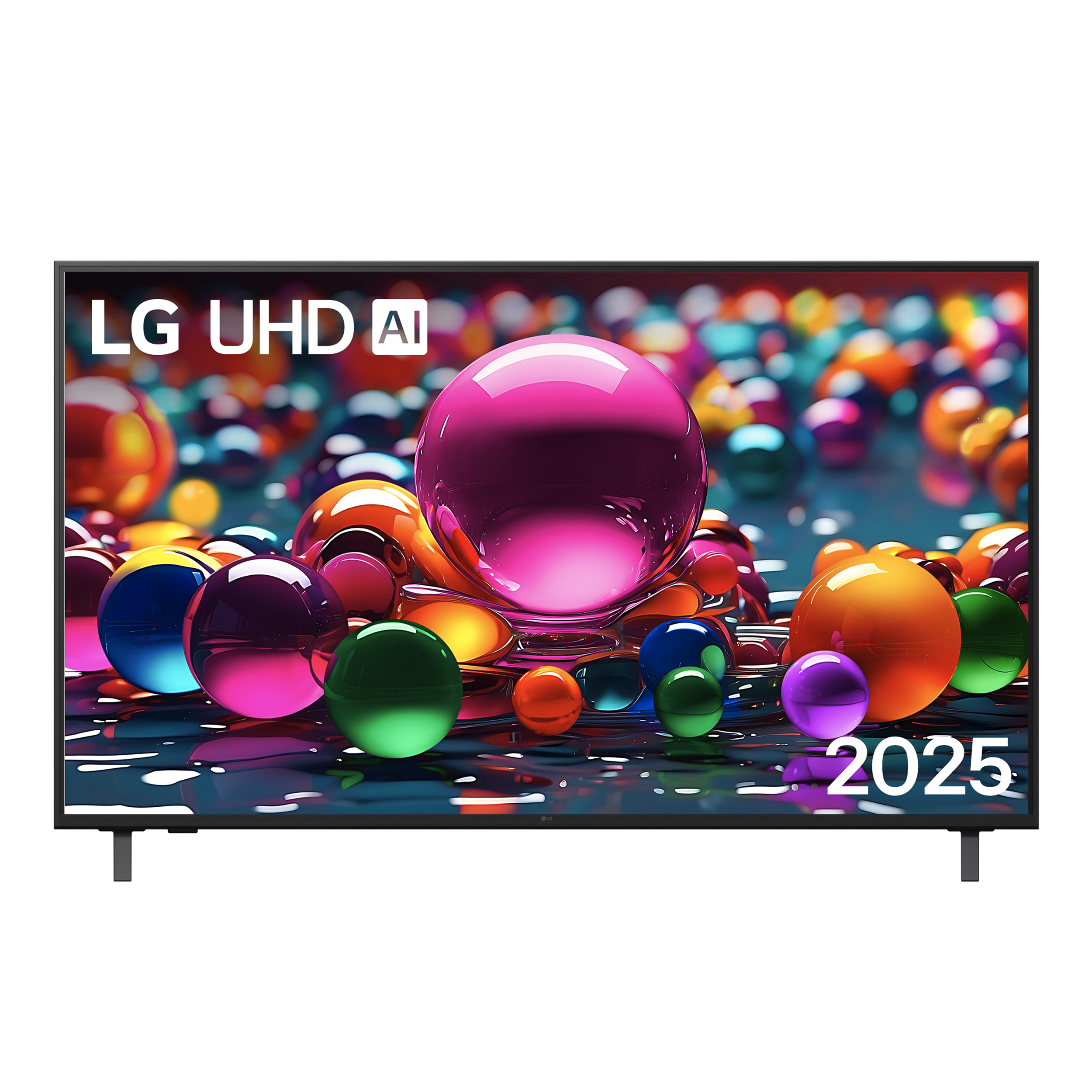 Telewizor LG UHD AI z kolorowymi kulami i rokiem 2025.