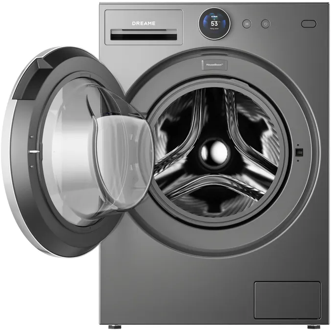 Graue Waschmaschine mit geöffneter Glastür und silberner Trommel.