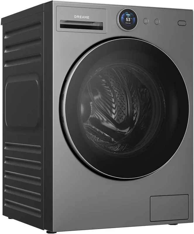 Graue Waschmaschine mit digitalem Display und runder Tür.