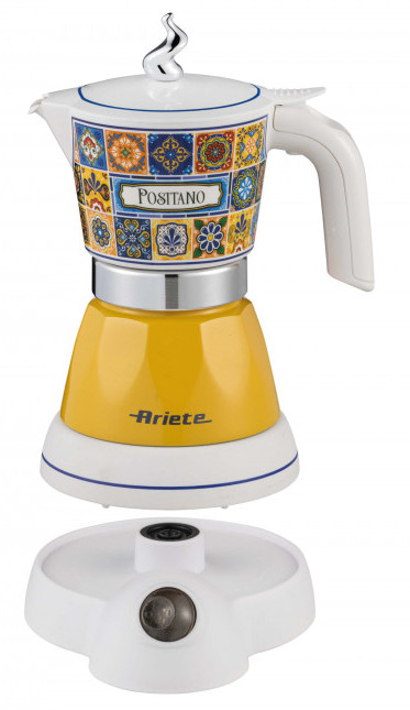 Eine gelbe Kaffeemaschine mit bunten Fliesen und dem Aufdruck POSITANO.