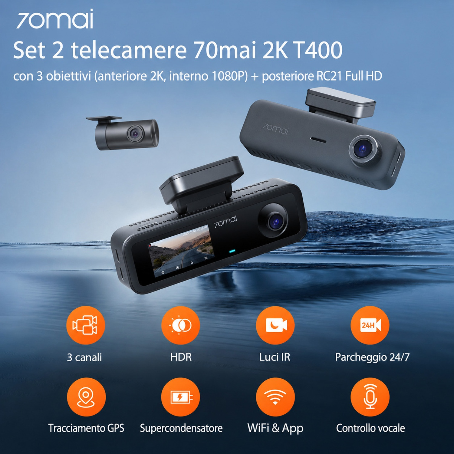 Tre dashcam 70mai: anteriore, interna, posteriore. Funzioni: 3 canali, HDR, IR, parcheggio 24/7, GPS.