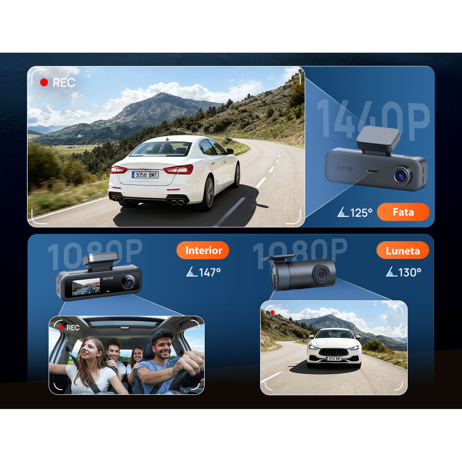 Tre dashcam mostrate: una su strada di montagna, una dentro un'auto e una frontale.
