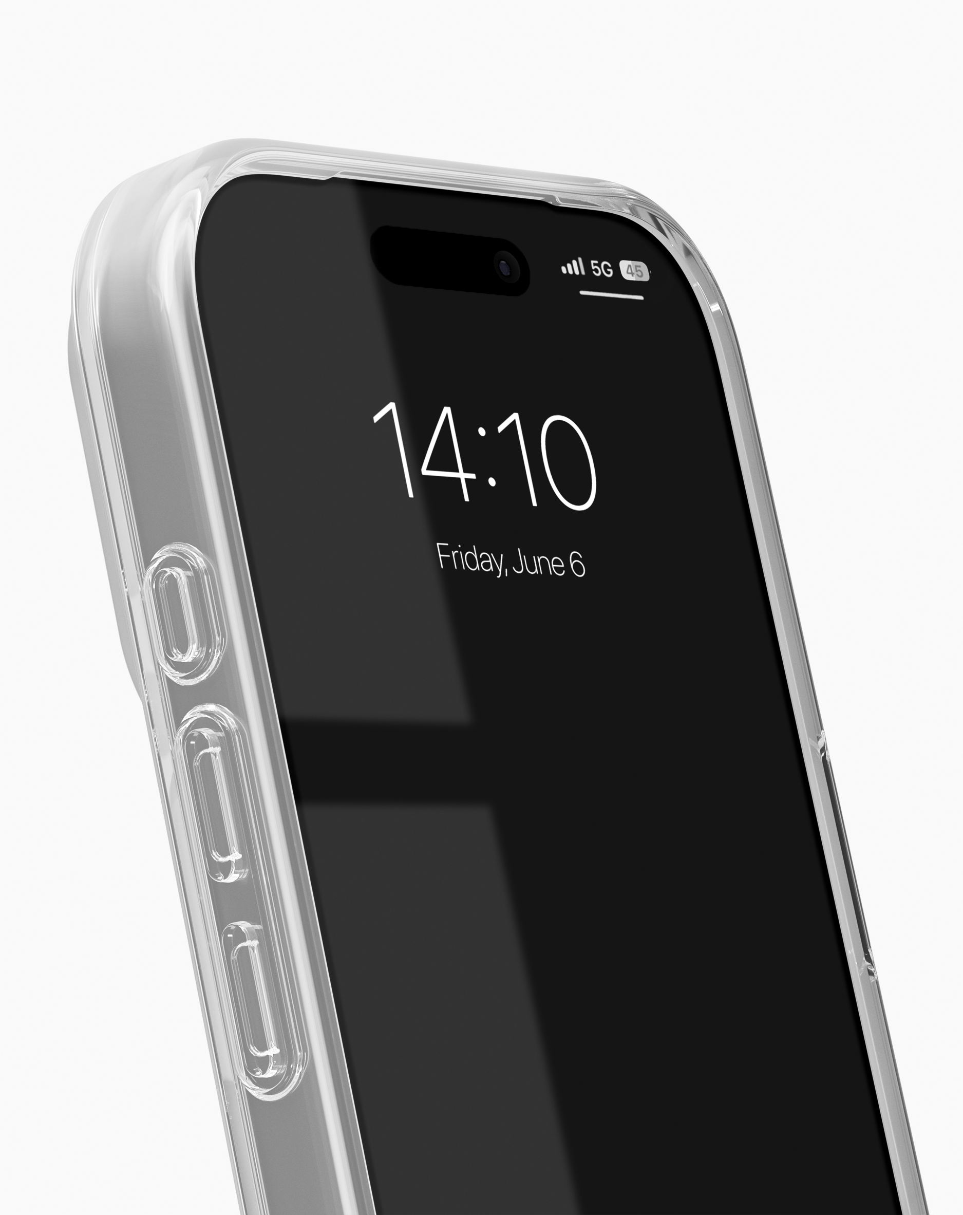 Ein transparentes Handyhülle mit einem Smartphone, das 14:10 Uhr anzeigt.