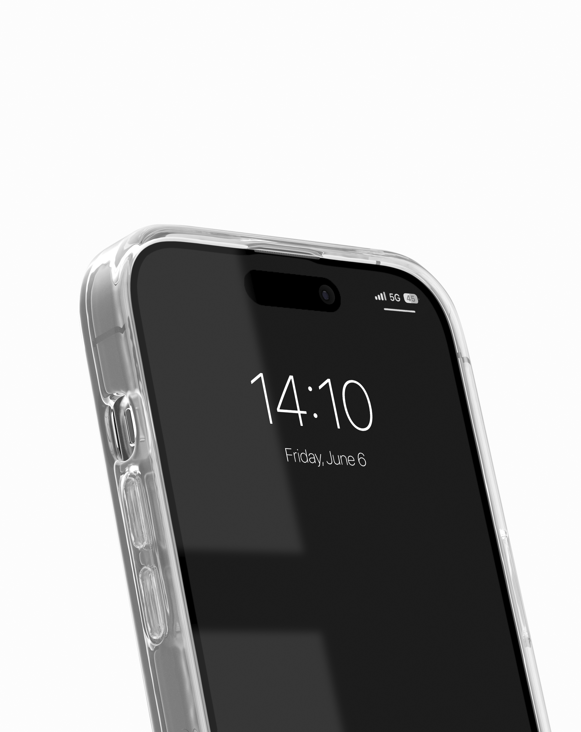 Ein transparentes iPhone-Gehäuse mit dem gesperrten Bildschirm, der 14:10 anzeigt.