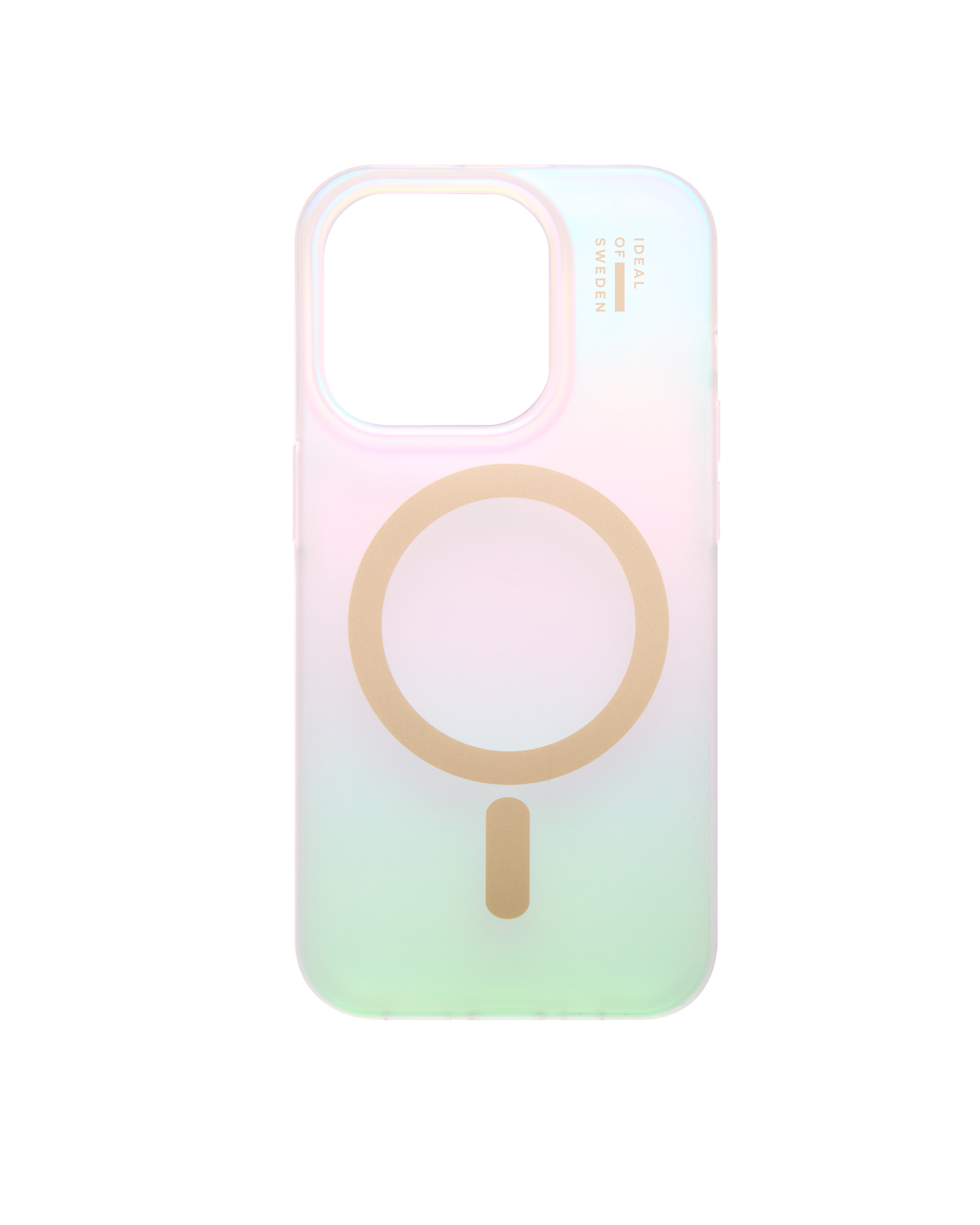 Ein iPhone-Hülle mit Farbverlauf von hellgrün zu rosa, mit einem goldenen Kreis und Strich.
