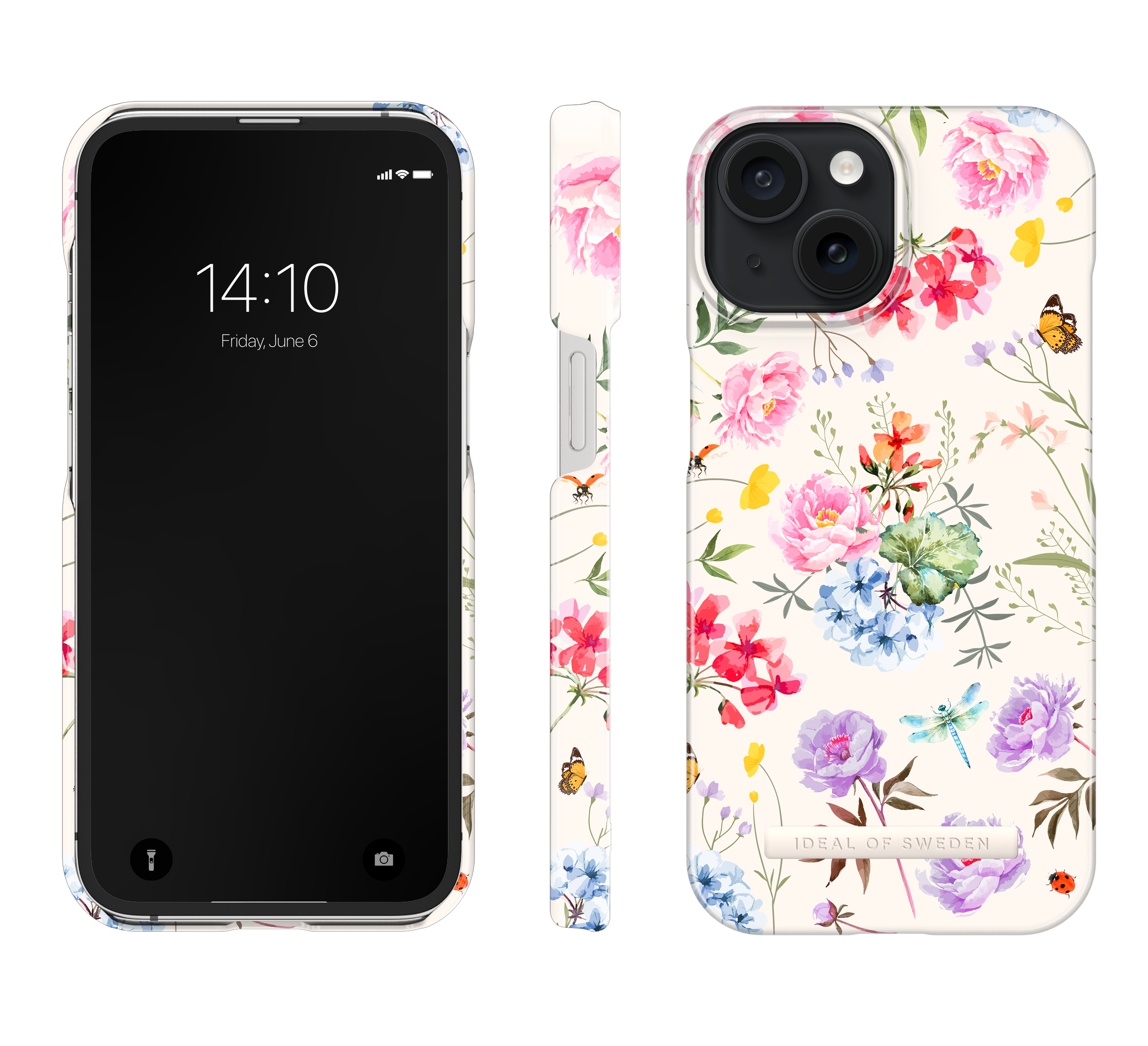 Egy iPhone virágos mintával, virágokkal, pillangókkal és katicabogarakkal.