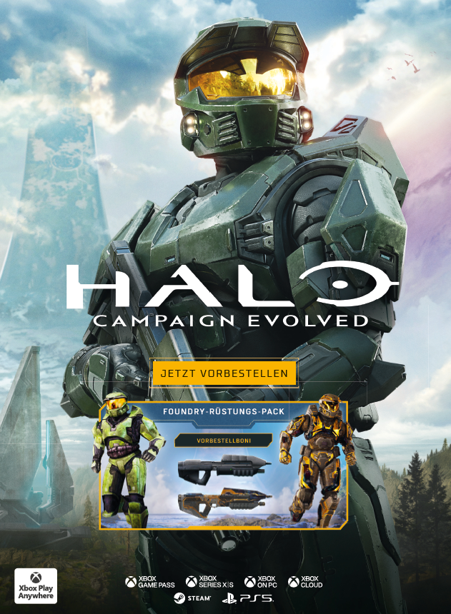 Master Chief in grüner Rüstung vor Halo-Logo. Zwei Rüstungspakete und Waffen.