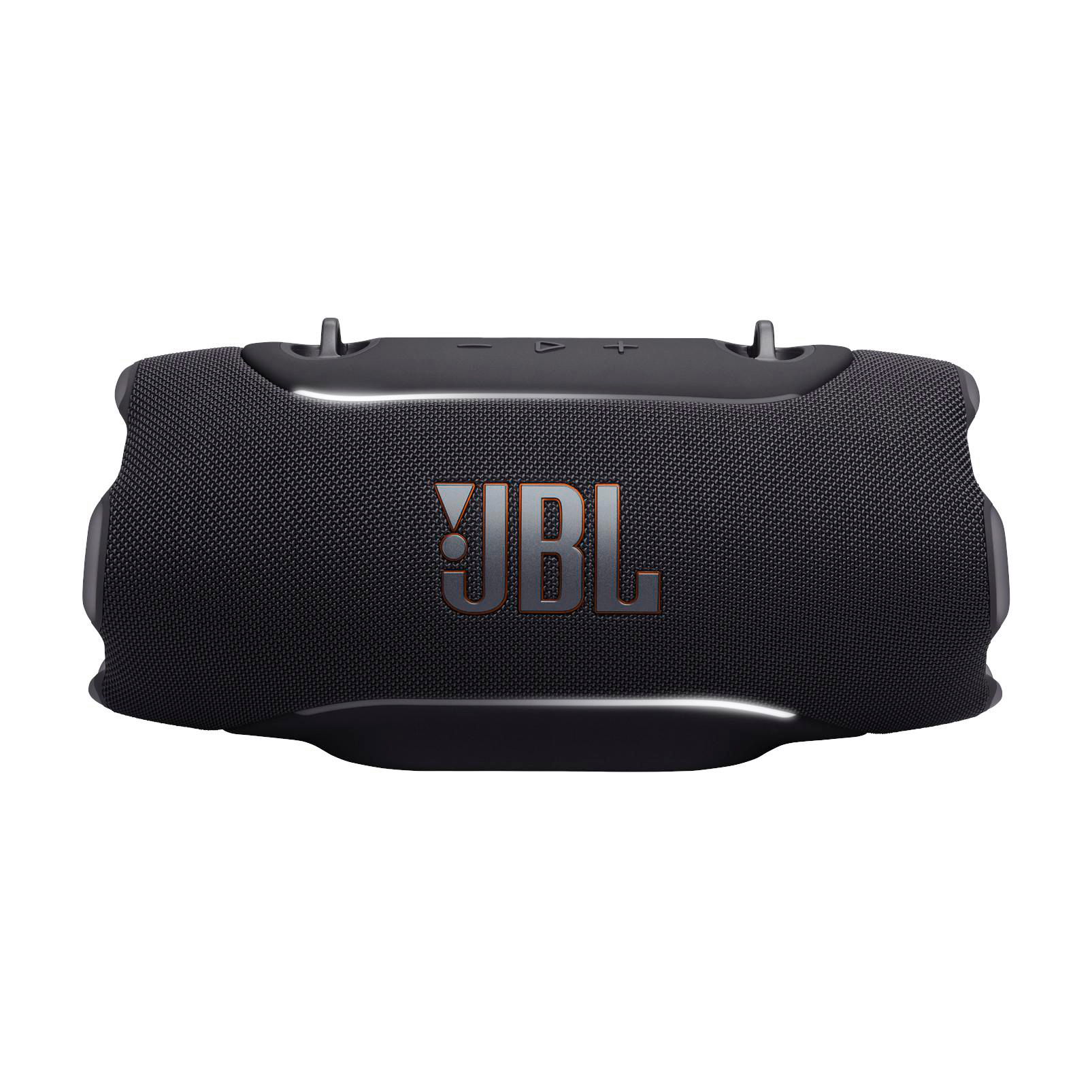 Schwarzer JBL-Lautsprecher mit Stoffgitter und silbernem Logo.