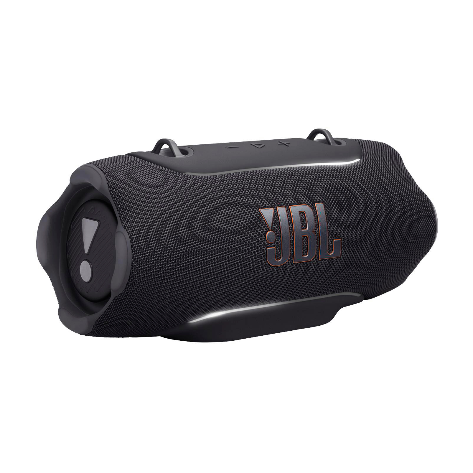 Schwarzer JBL-Lautsprecher mit Tragegriffen und beleuchtetem Logo.