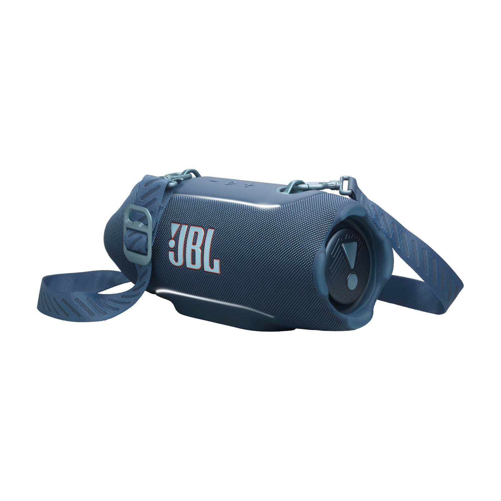 Ein blauer JBL Bluetooth-Lautsprecher mit Tragegurt, isoliert auf weißem Hintergrund.