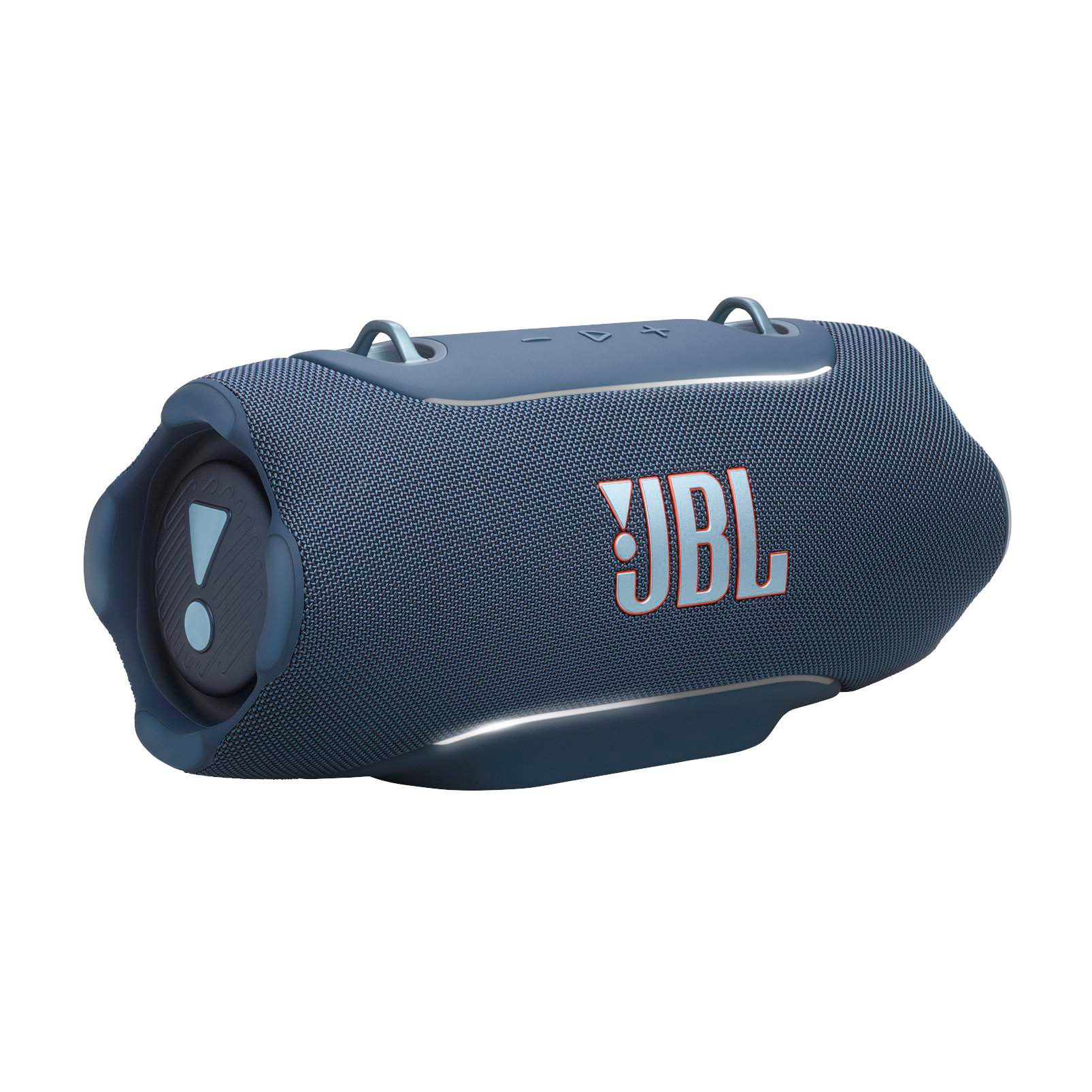 Ein blauer JBL-Lautsprecher mit Tragegriffen und dem JBL-Logo.
