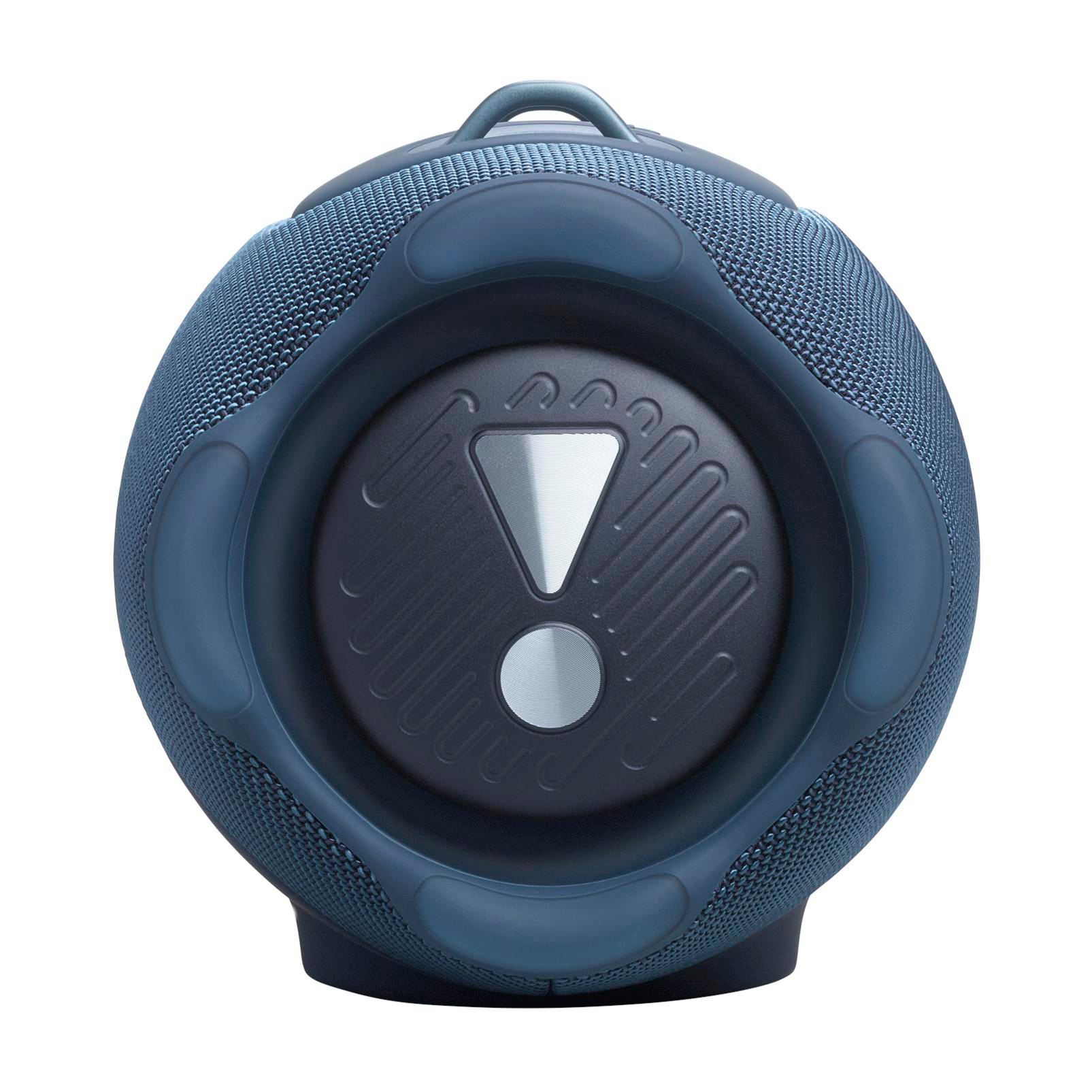 Ein runder, blauer JBL-Lautsprecher mit einem auffälligen Exclamationszeichen-Logo.
