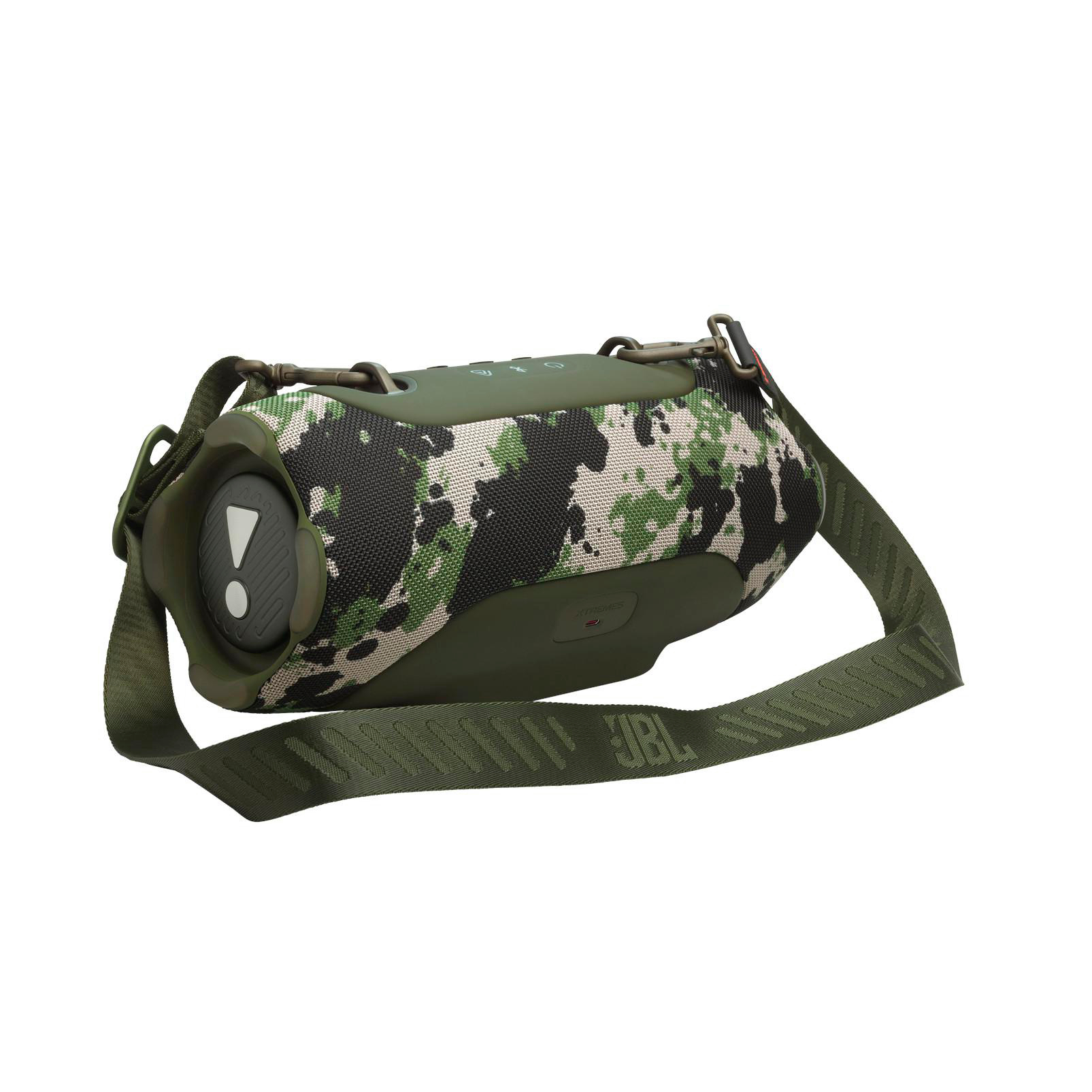 Grüner Camouflage-Lautsprecher mit Tragegurt und JBL-Logo.