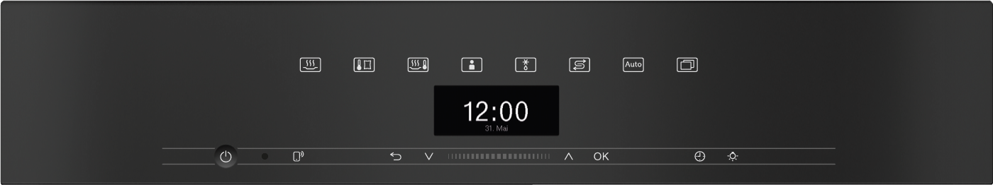 Digitalanzeige zeigt 12:00 Uhr und Symbole für verschiedene Funktionen.