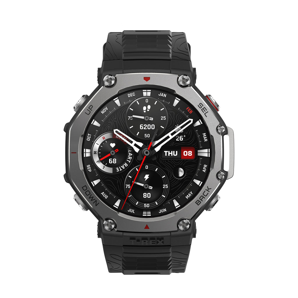 Szaro-czarny smartwatch z czarnym paskiem. Pokazuje tętno 68, 6200 kroków, 26 stopni.