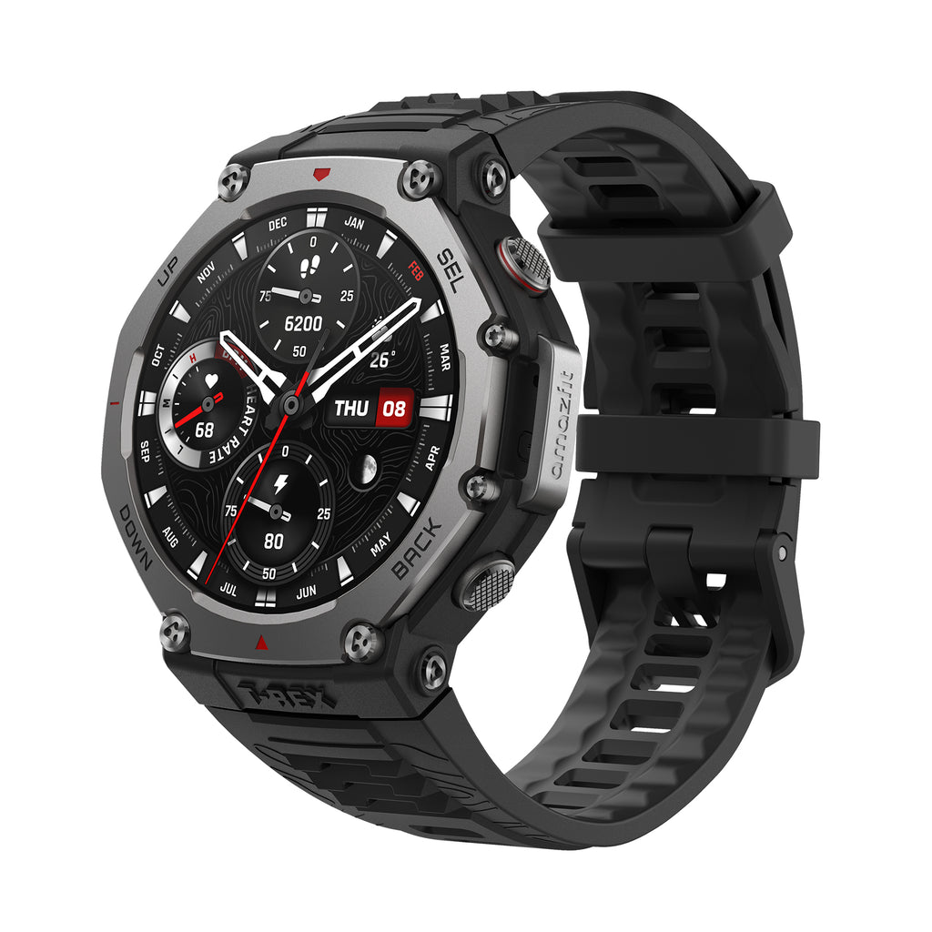 Czarny smartwatch Amazfit z okrągłą tarczą, srebrną ramką i czarnym paskiem. Pokazuje godzinę, datę i tętno.