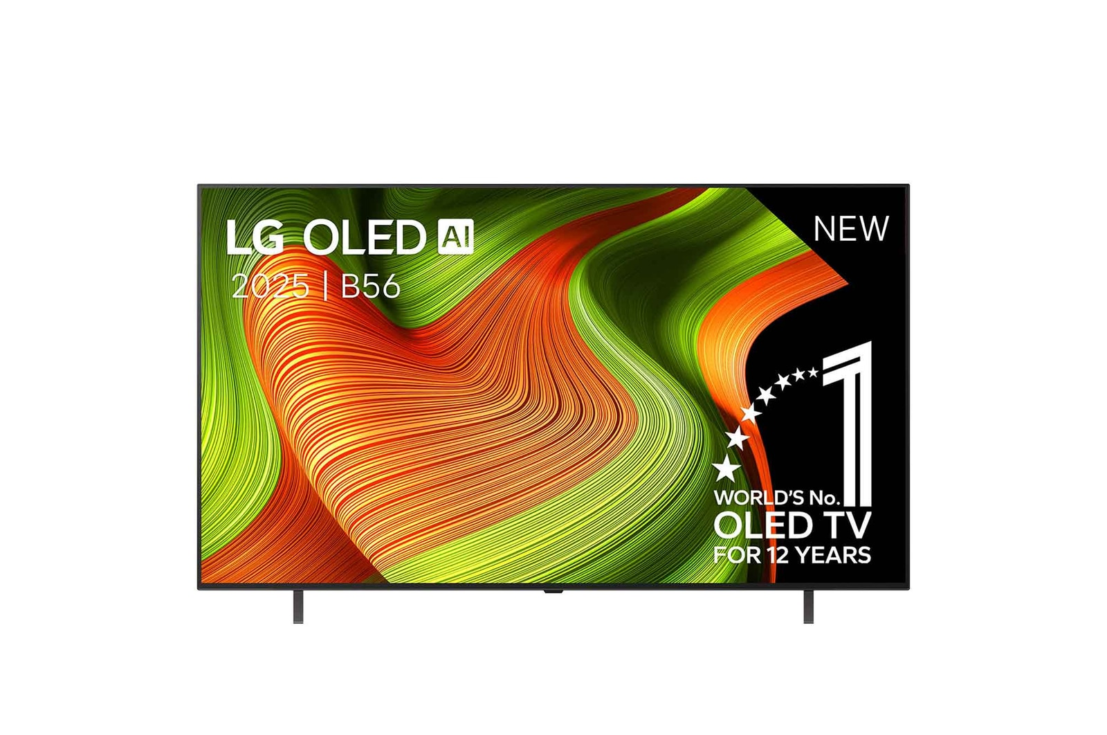 Telewizor LG OLED 2025 B56 z abstrakcyjną grafiką i napisem "Nowy" i "Nr 1 na świecie".
