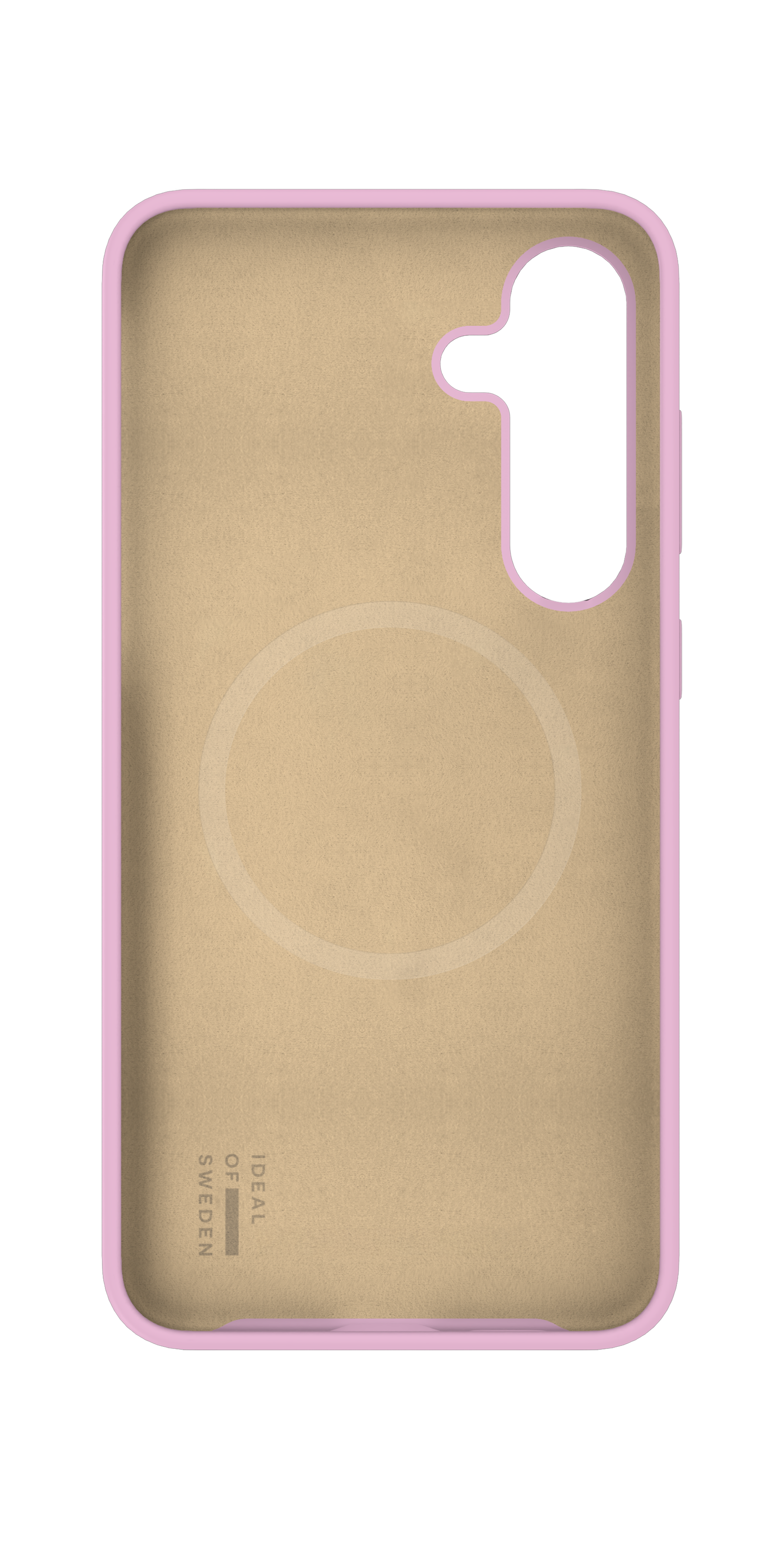 Eine beige Handyhülle mit rosafarbenem Rand, schwarzem Ausschnitt und Kreisprägung.