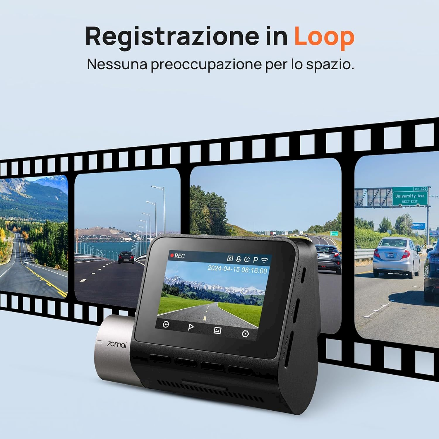 Dashcam mostra filmati di guida con strade e cartelli autostradali.