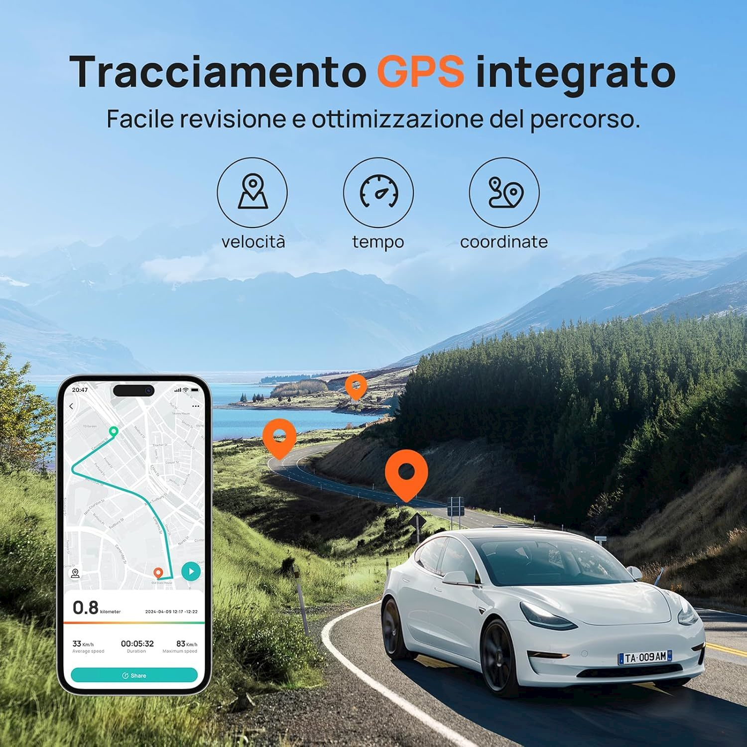 Un'auto bianca guida su una strada in un paesaggio montuoso. Un telefono mostra un'app di navigazione.