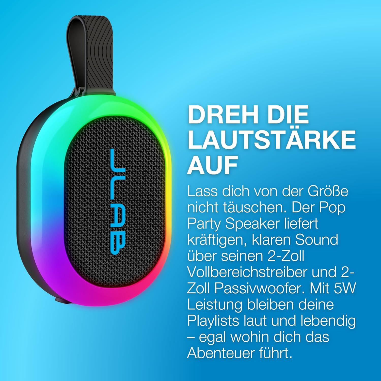 Ein tragbarer Lautsprecher mit Regenbogenfarben-Beleuchtung und Logo.