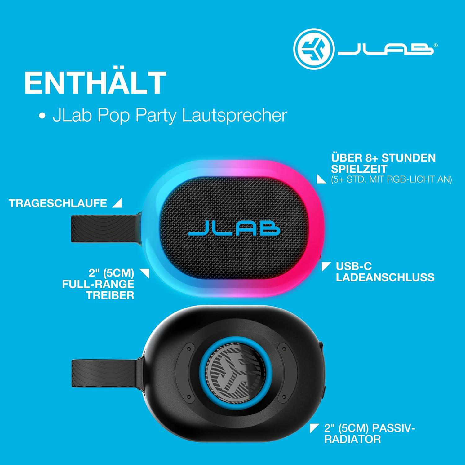 JLab Pop Party Lautsprecher mit 8+ Std. Akkulaufzeit, USB-C.