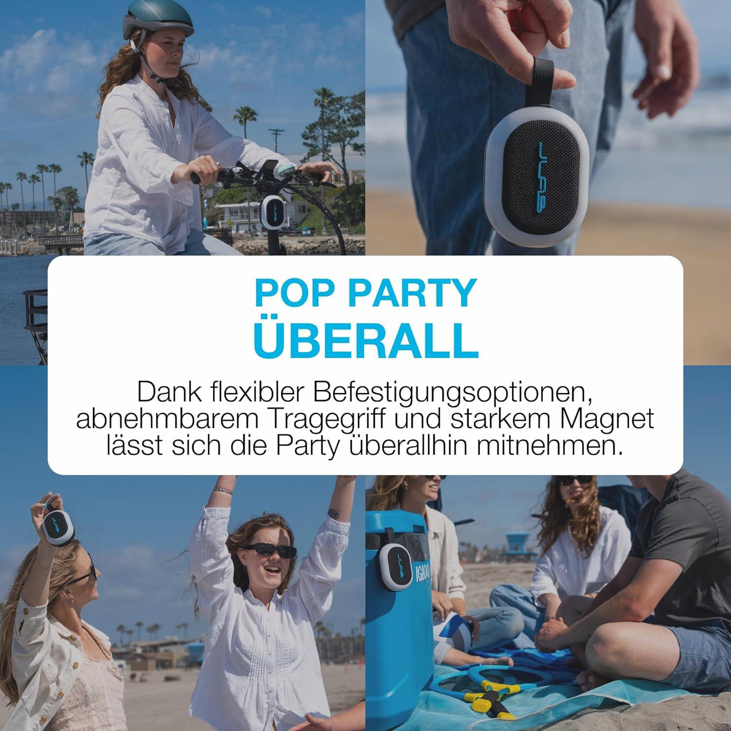 Vier Szenen mit einem tragbaren Lautsprecher und Menschen am Strand und auf einem Roller.