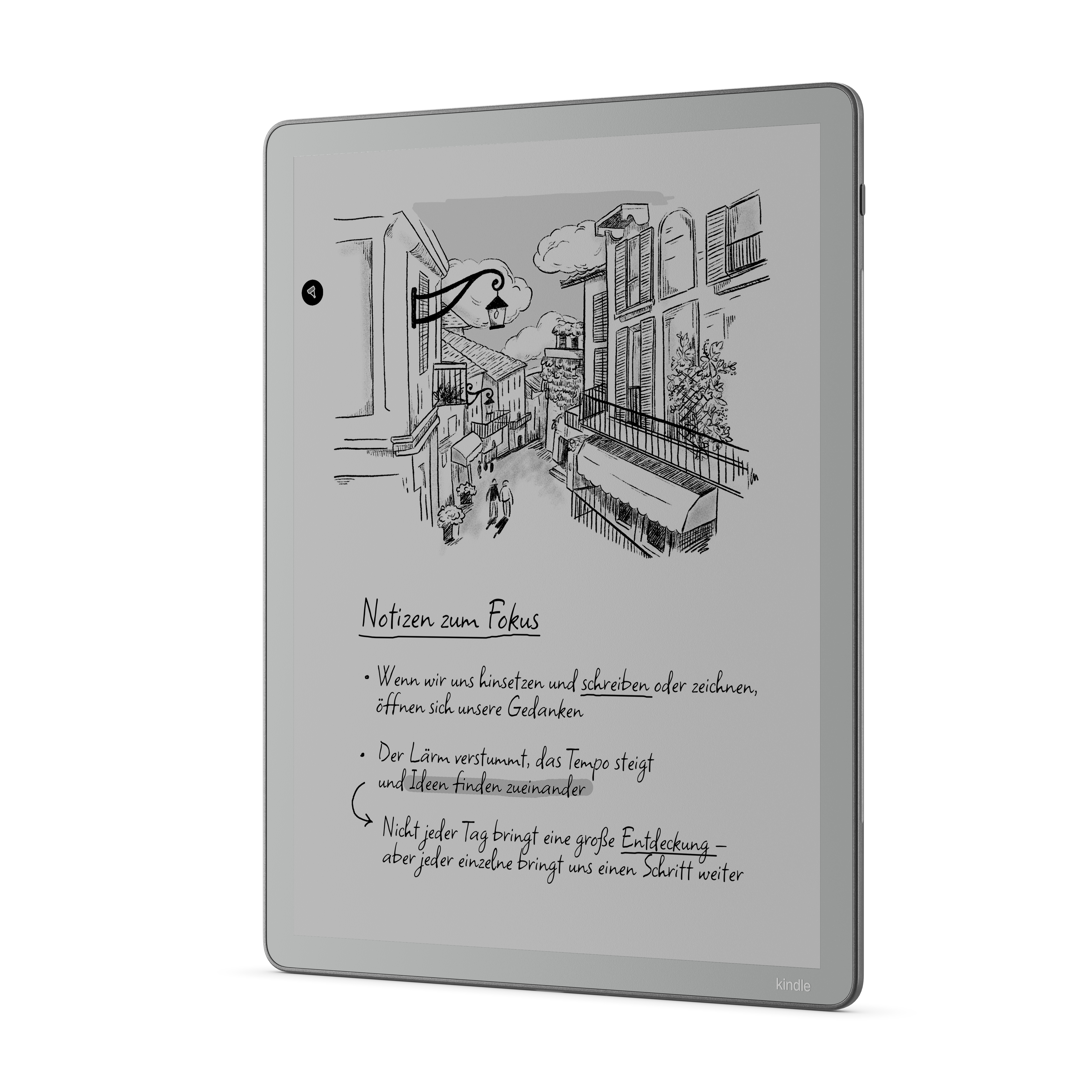 Ein E-Reader zeigt eine handgezeichnete Stadtansicht mit Notizen.