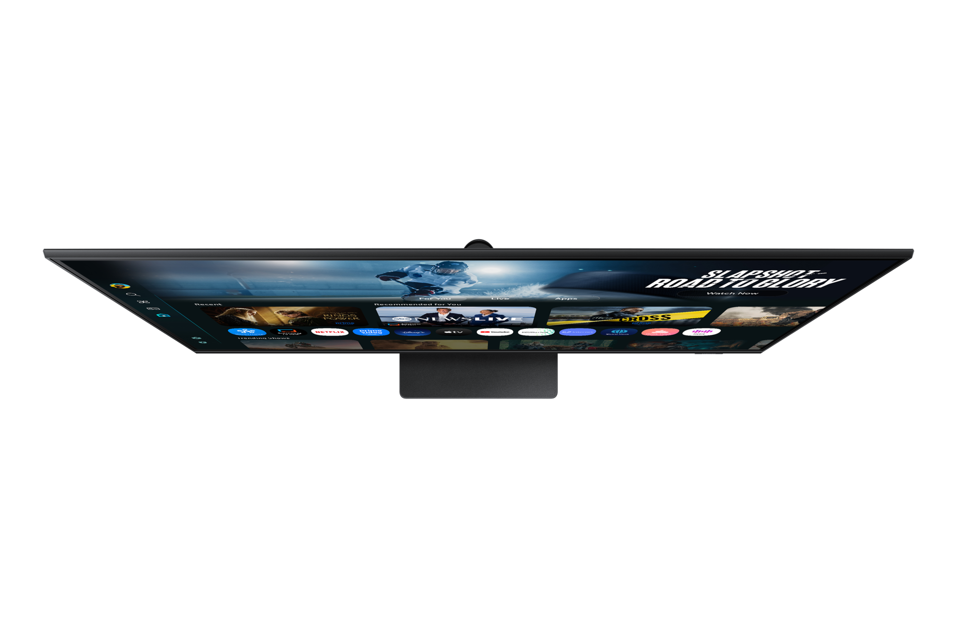 Ein Monitor mit einer Smart-TV-Oberfläche, die Apps wie Netflix und YouTube zeigt.