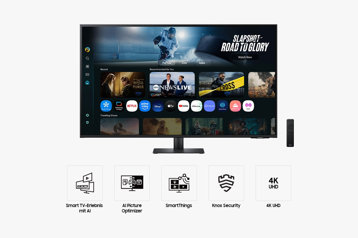 Ein moderner Fernseher mit Smart-TV-Oberfläche, Apps, Filmtrailern und Symbolen.