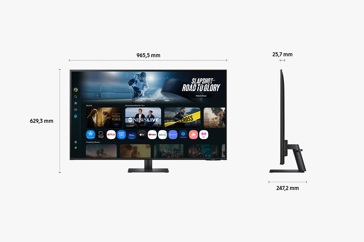 Ein schwarzer Fernseher mit smartem Menü und Maßen.
