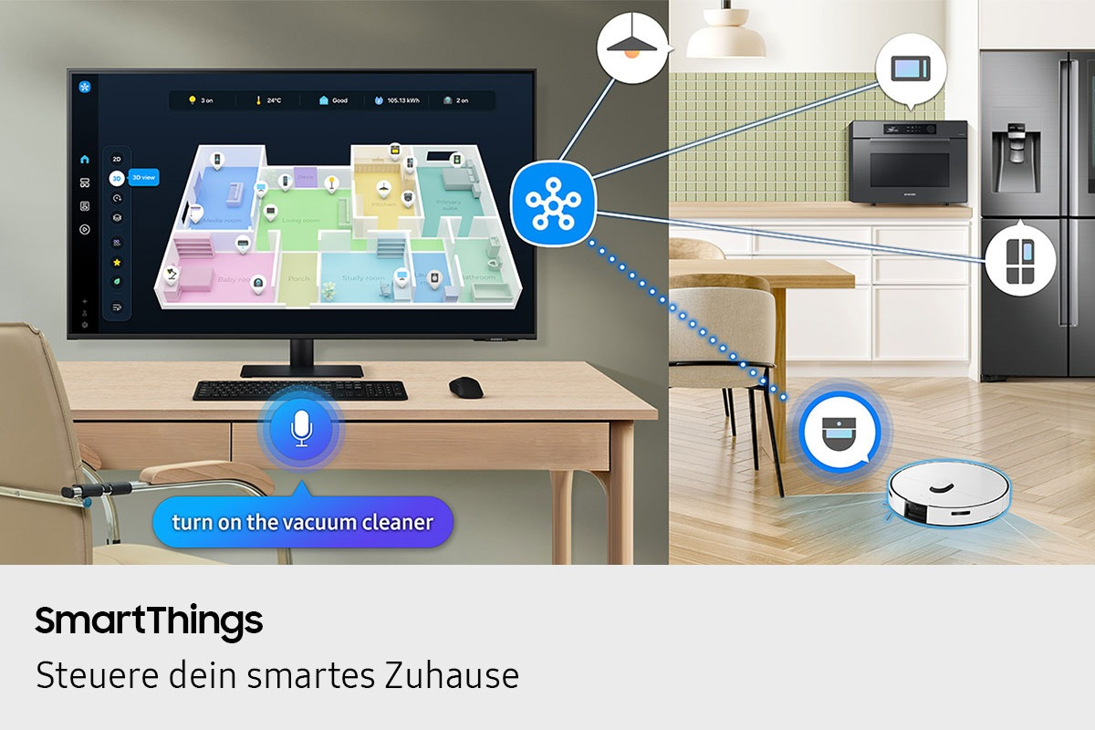 Ein Smart Home-Interface zeigt einen Grundriss; daneben sind Küche und ein Saugroboter.