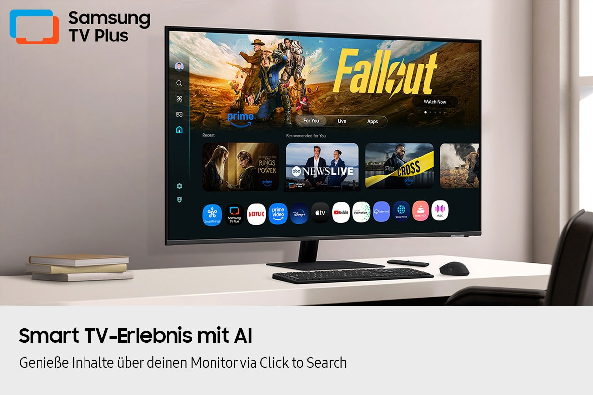 Ein Samsung Smart TV mit Apps wie Fallout, Prime Video und Netflix auf einem Schreibtisch.