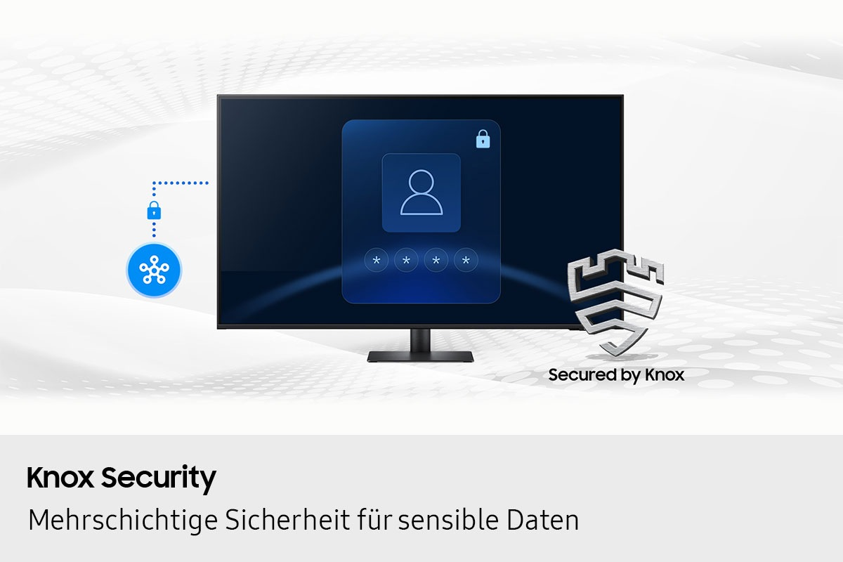 Ein Monitor zeigt eine Anmeldeseite mit einem Schloss-Symbol und Sternchen. Ein Knox-Logo ist daneben.