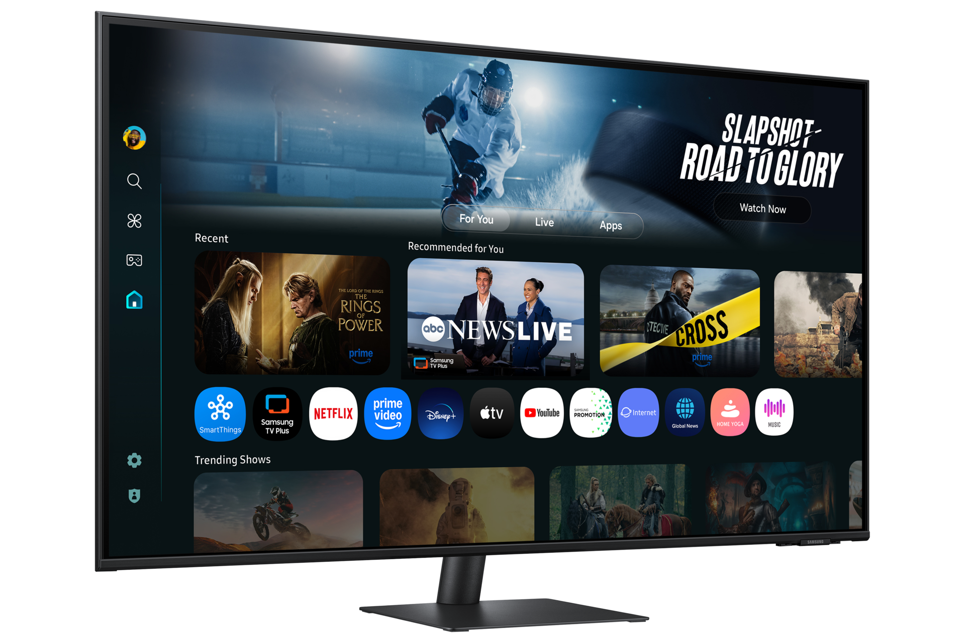 Moderner Smart-TV mit Menüs, Apps und Filmvorschlägen wie „Ringe der Macht“.