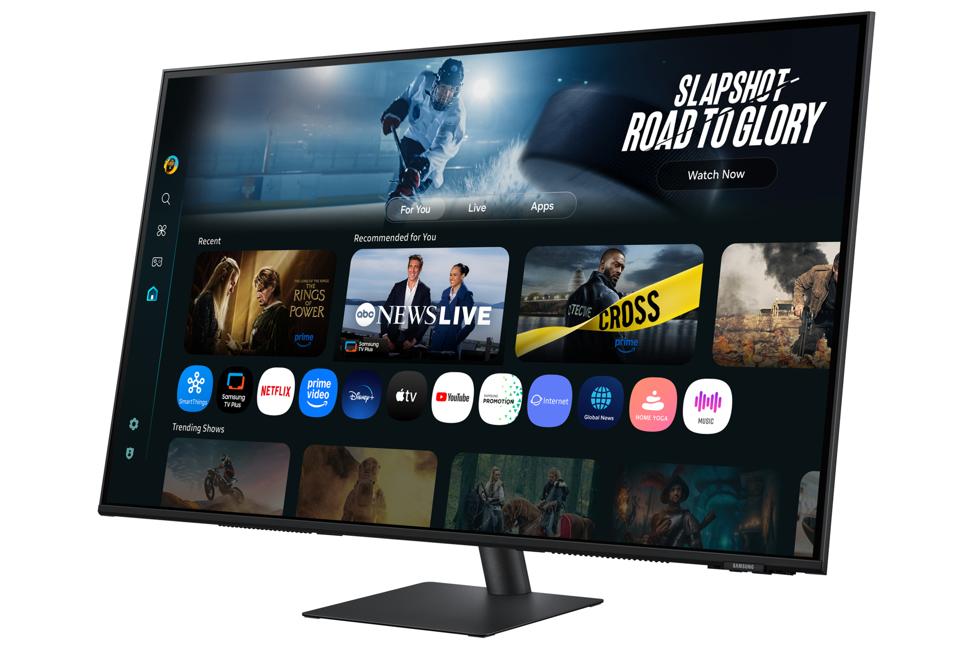 Smart-TV-Oberfläche mit Filmplakaten, Nachrichten, Apps wie Netflix, Prime Video, YouTube.