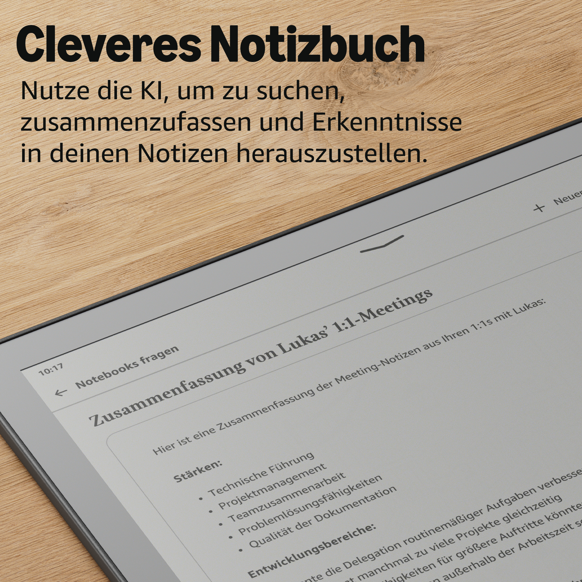 Ein digitales Notizbuch mit Text über KI-Funktionen und eine Meeting-Zusammenfassung.