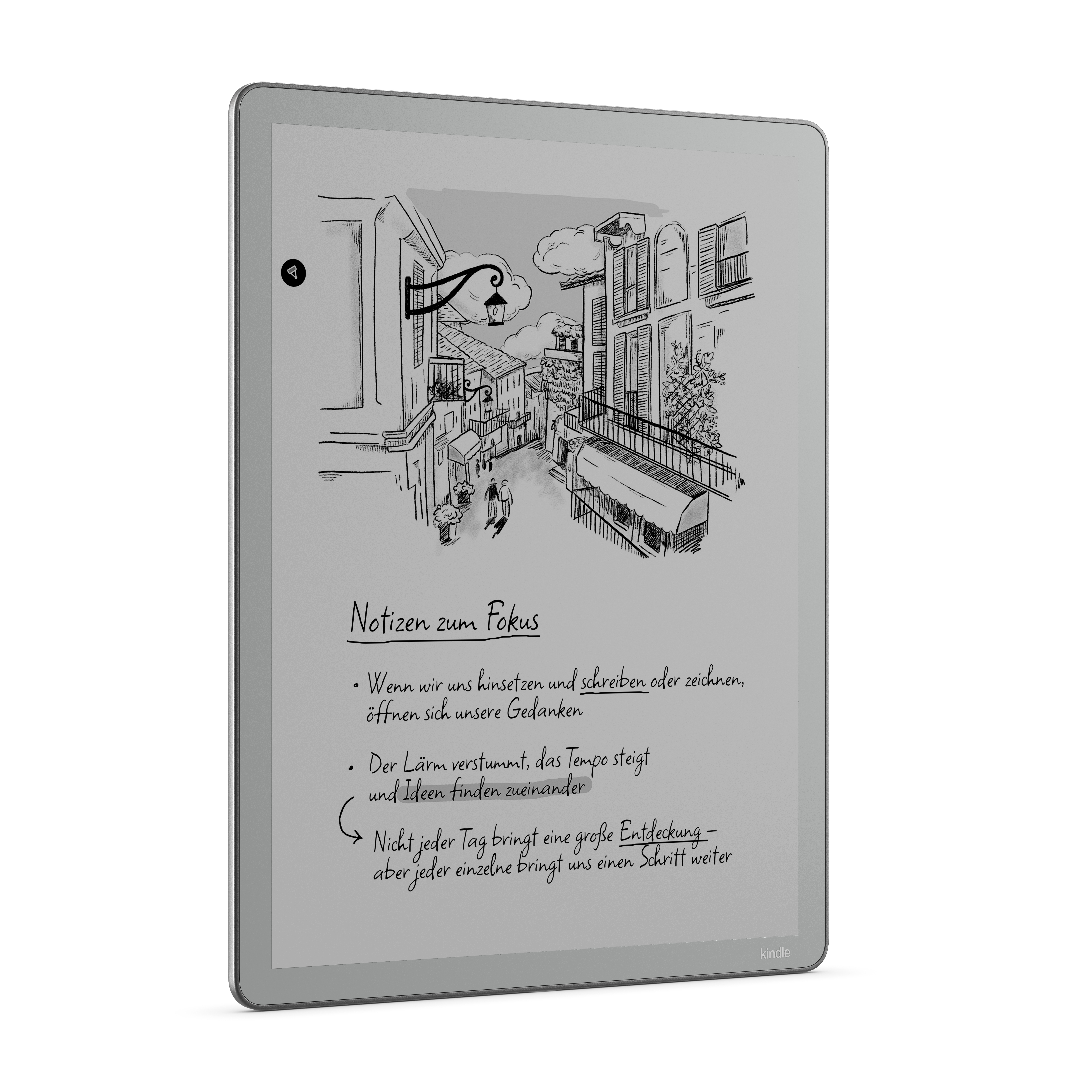 E-Reader zeigt eine Skizze einer italienischen Straße mit Notizen zum Fokus.