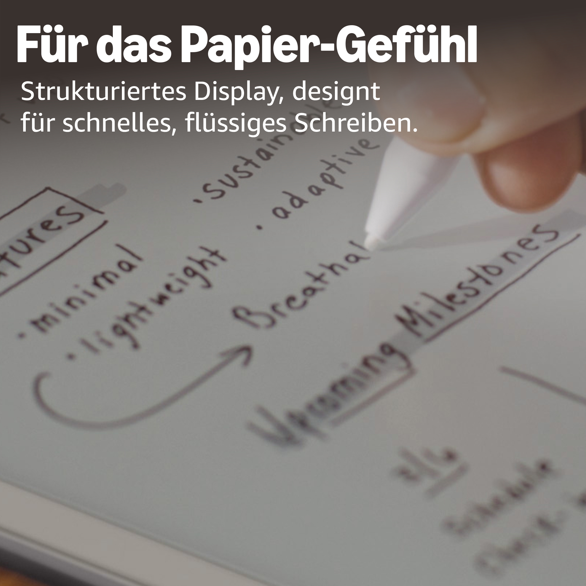 Ein Stift schreibt auf einem Display mit handschriftlichen Notizen wie 'minimal' und 'Upcoming Milestones'.