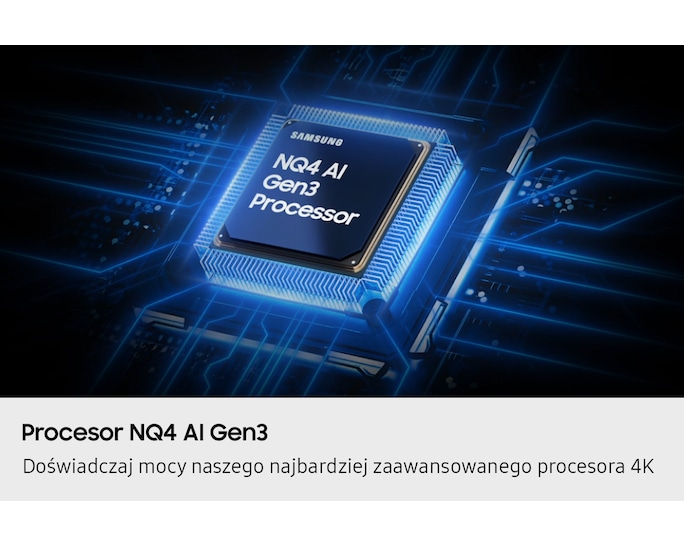 Procesor SAMSUNG NQ4 AI Gen3 na świecącej płycie z niebieskimi ścieżkami.