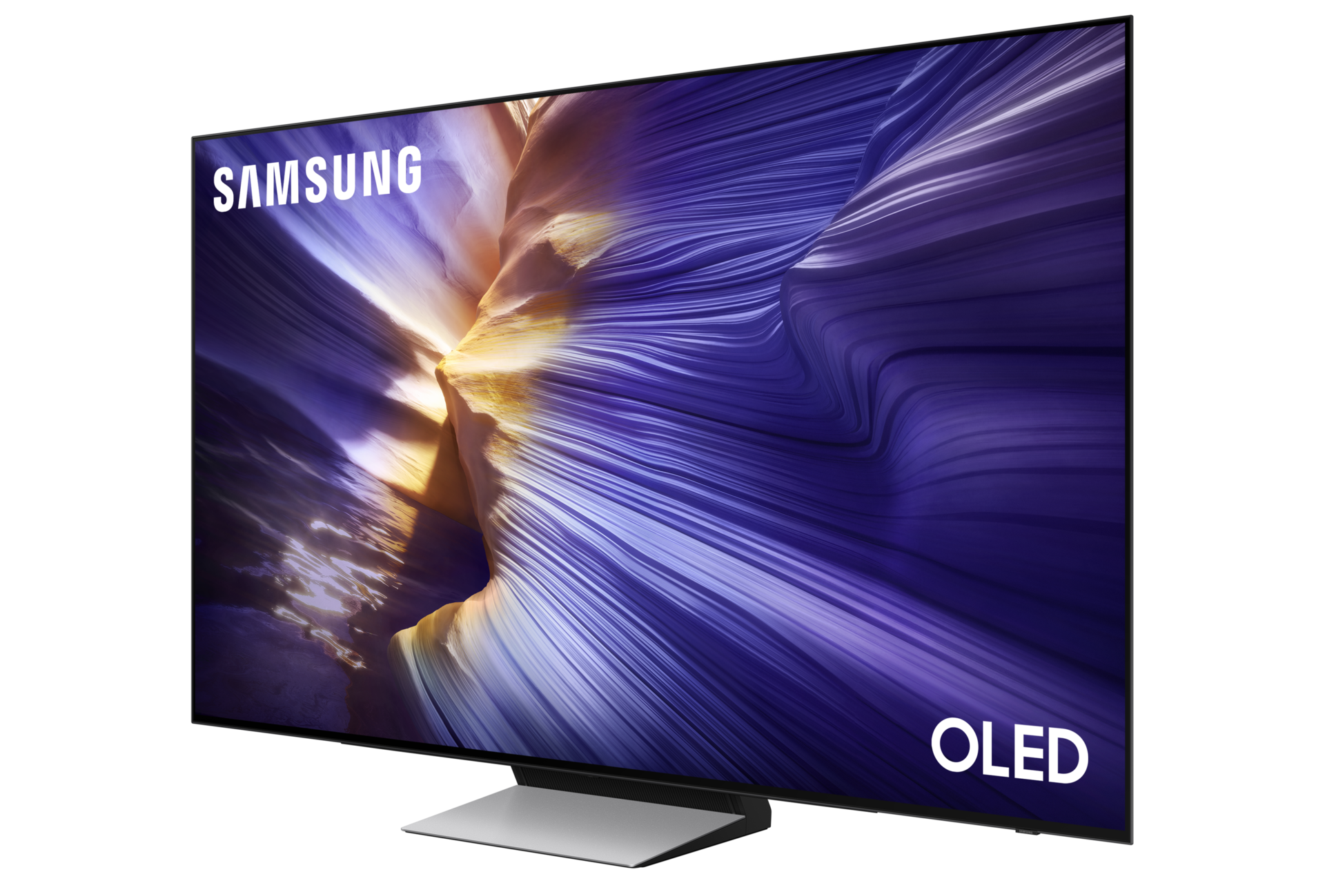 Telewizor Samsung OLED wyświetlający kolorową, abstrakcyjną tapetę.