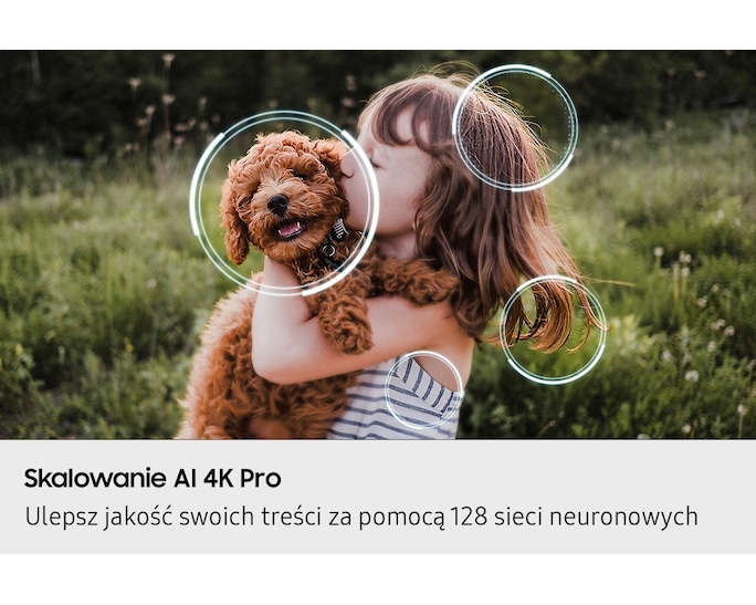 Dziecko tuli brązowego szczeniaka na zewnątrz, okręgi wyróżniają określone obszary.
