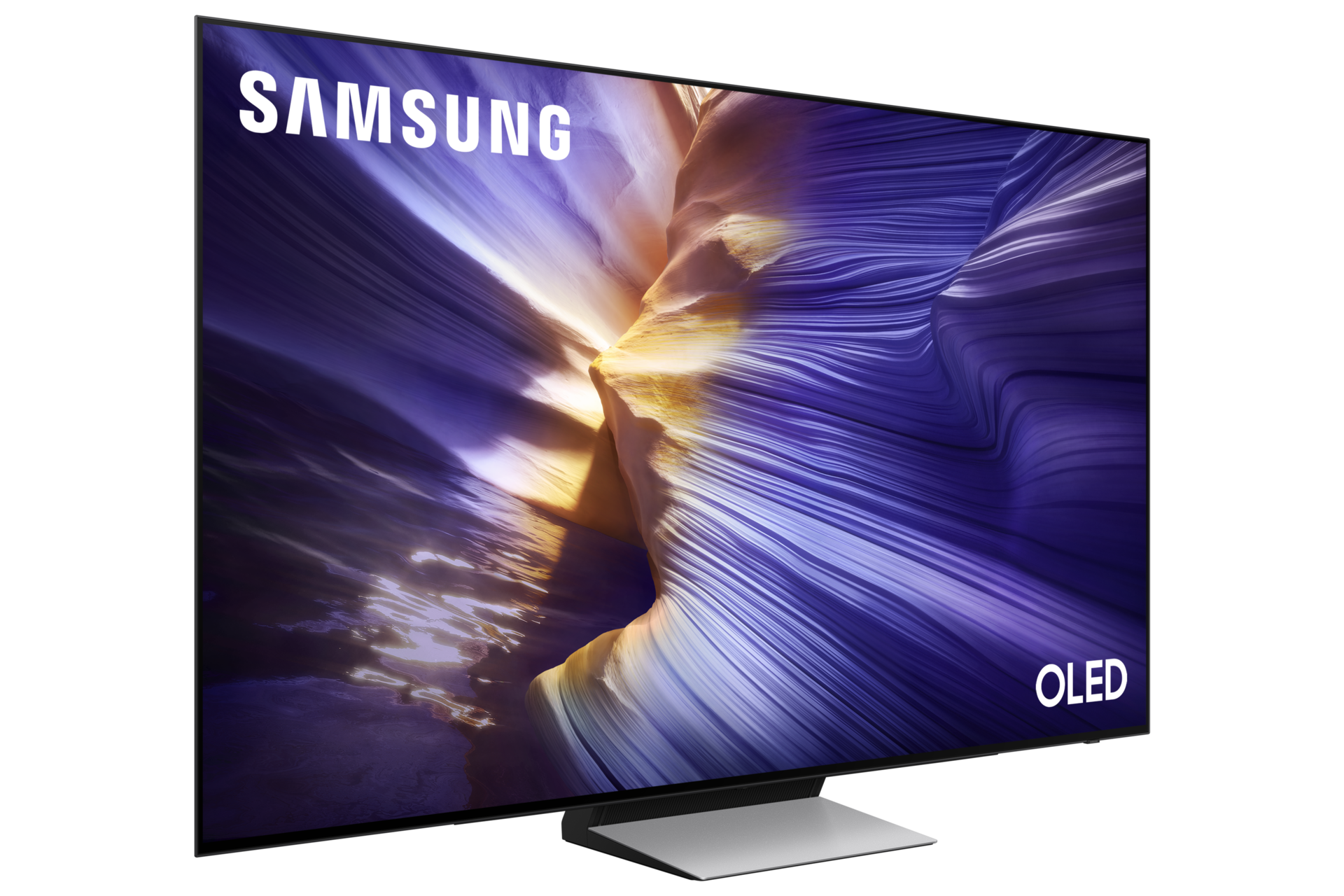 Telewizor Samsung OLED wyświetlający fioletowy i żółty krajobraz.