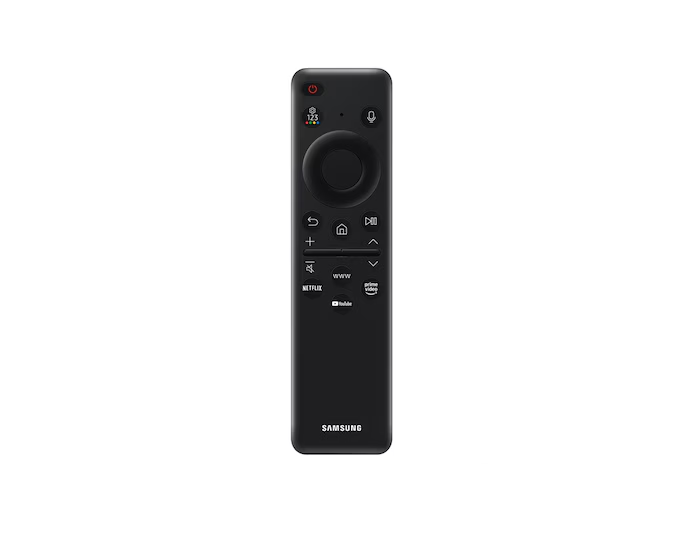 Czarny pilot Samsung TV z przyciskami nawigacji, głośności i aplikacji.