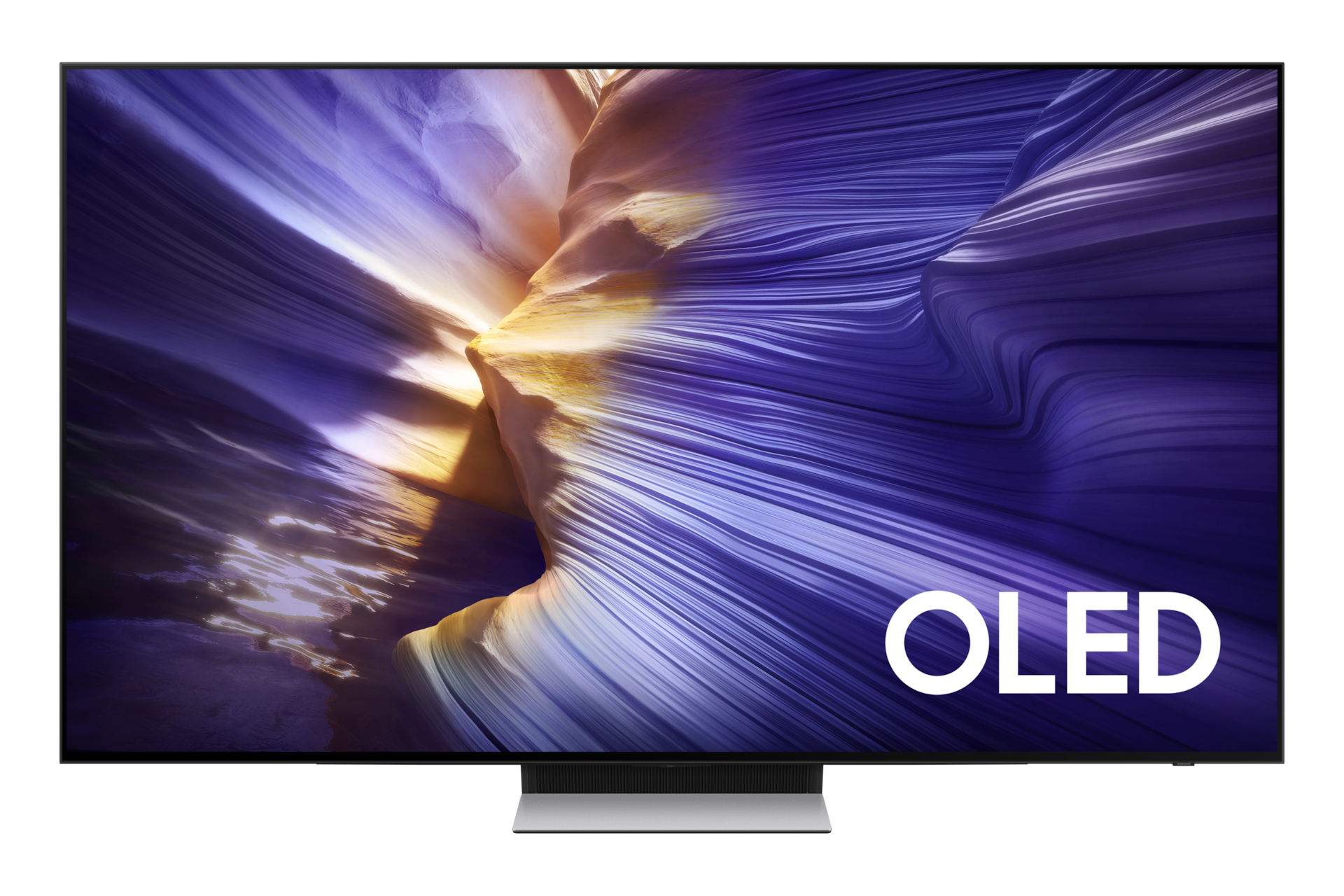 Nowoczesny telewizor OLED z kolorowym, abstrakcyjnym tłem i napisem OLED.