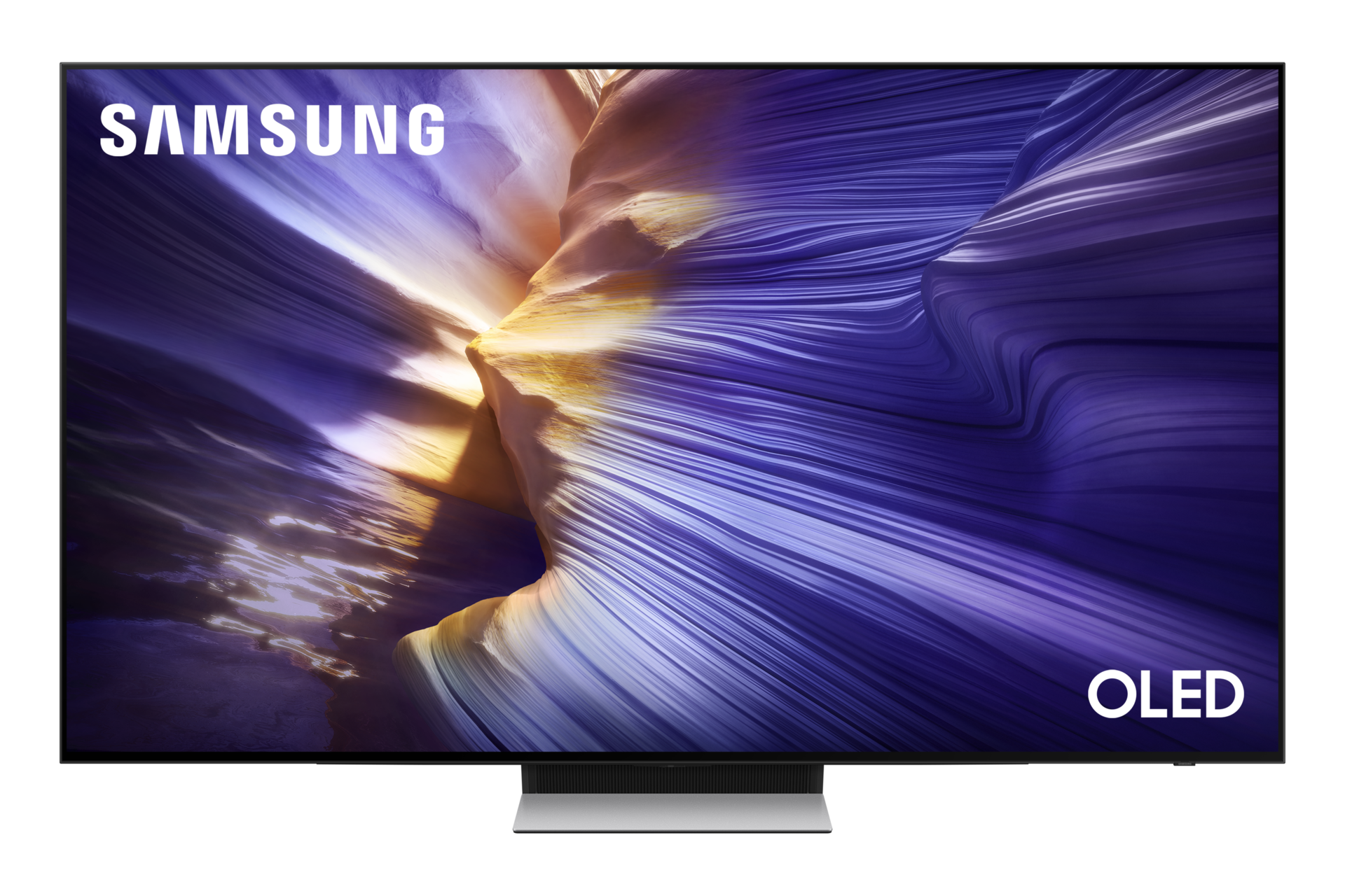Telewizor Samsung OLED wyświetlający kolorowy krajobraz na ekranie.