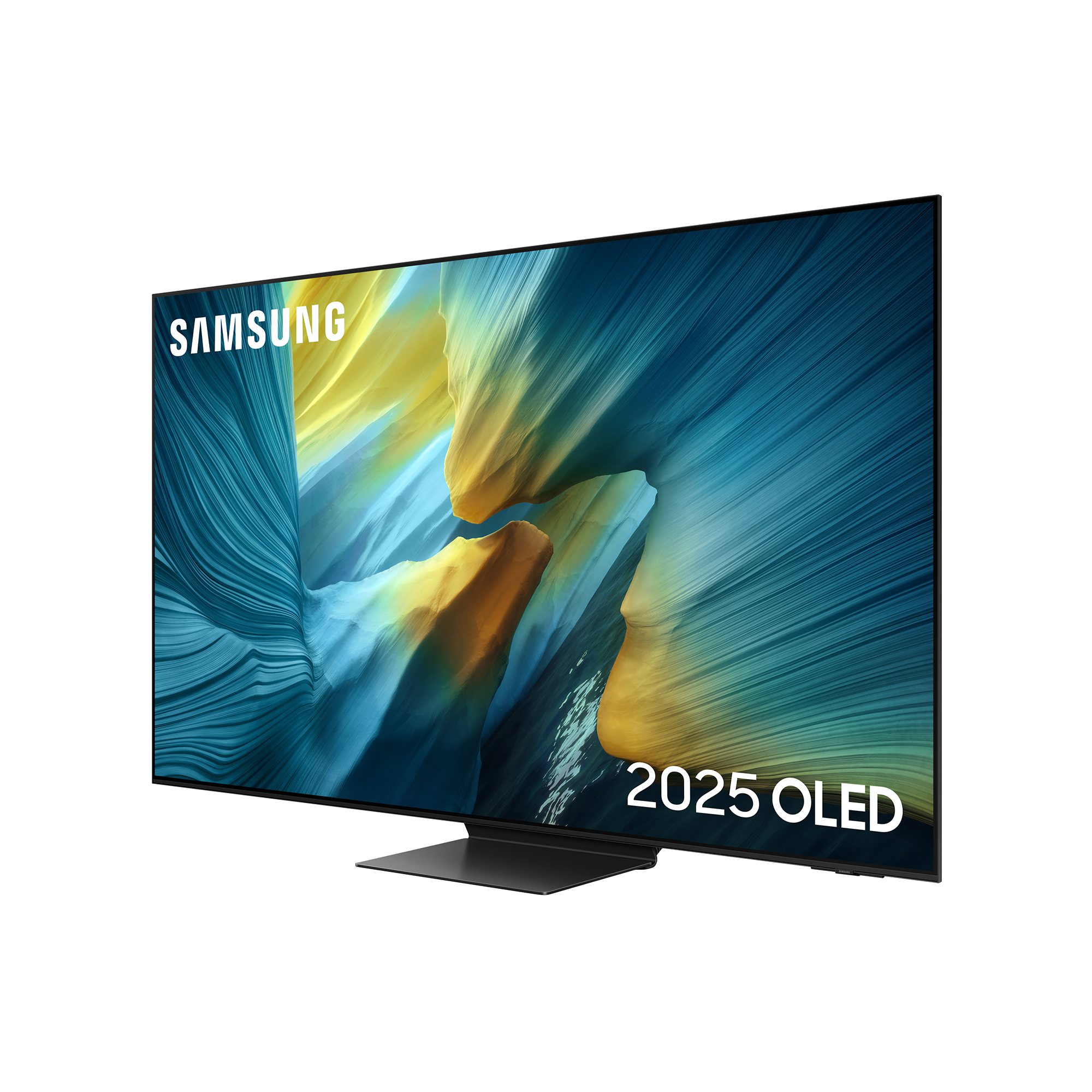 Telewizor Samsung OLED 2025 z abstrakcyjnym niebiesko-żółtym ekranem na czarnym stojaku.