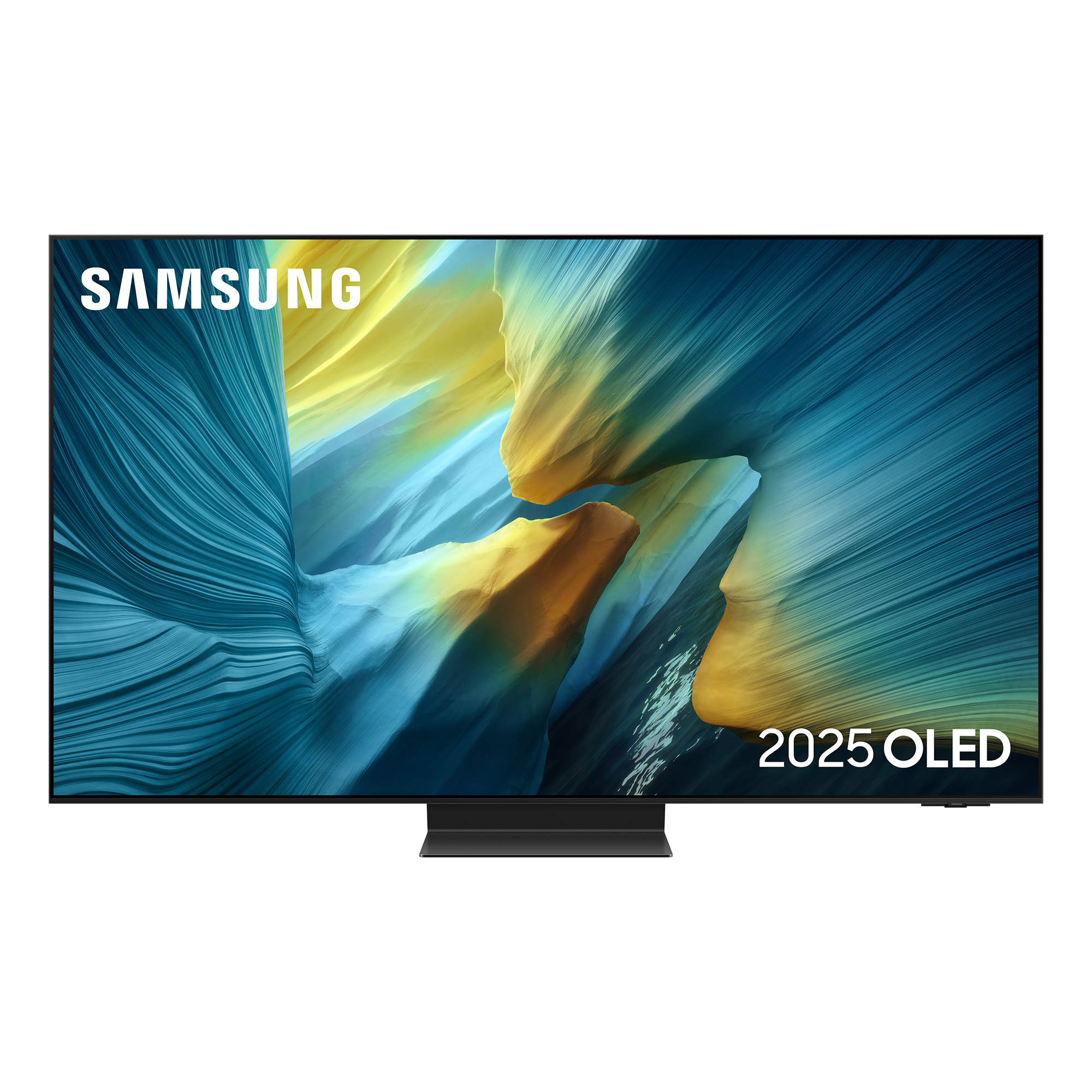 Telewizor Samsung OLED 2025 z abstrakcyjnym niebiesko-żółtym ekranem i czarną podstawą.
